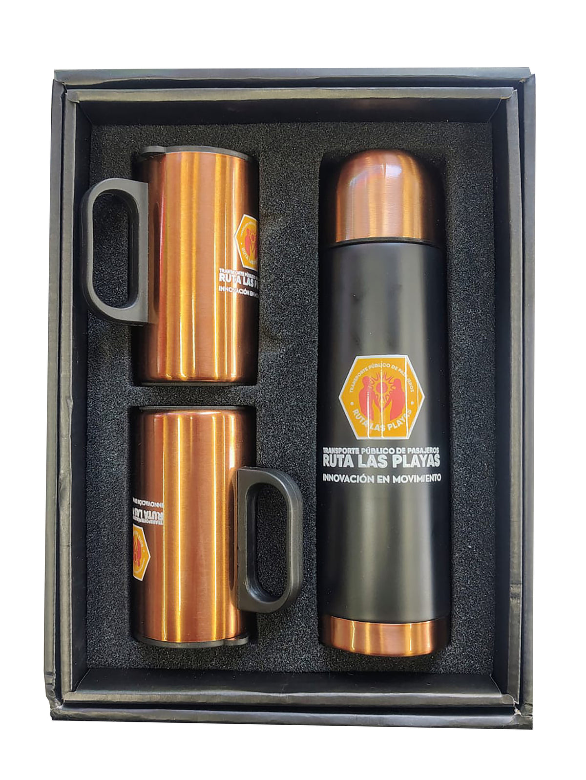 Set de botella termica y mugs encobrizados