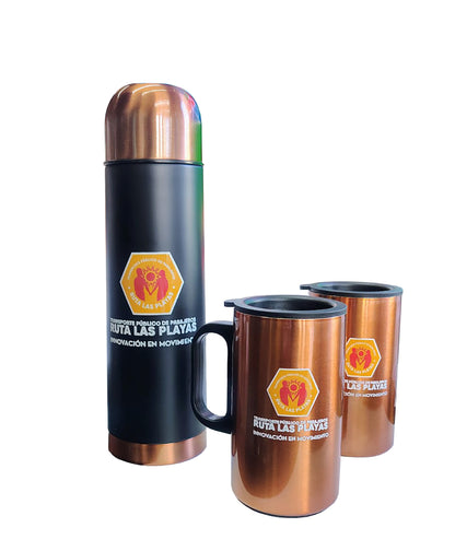 Set de botella termica y mugs encobrizados