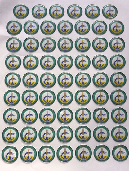 Logo a color con resina (Dome) de protección. 2,5 cms de diámetro. Pack de 54 piezas.